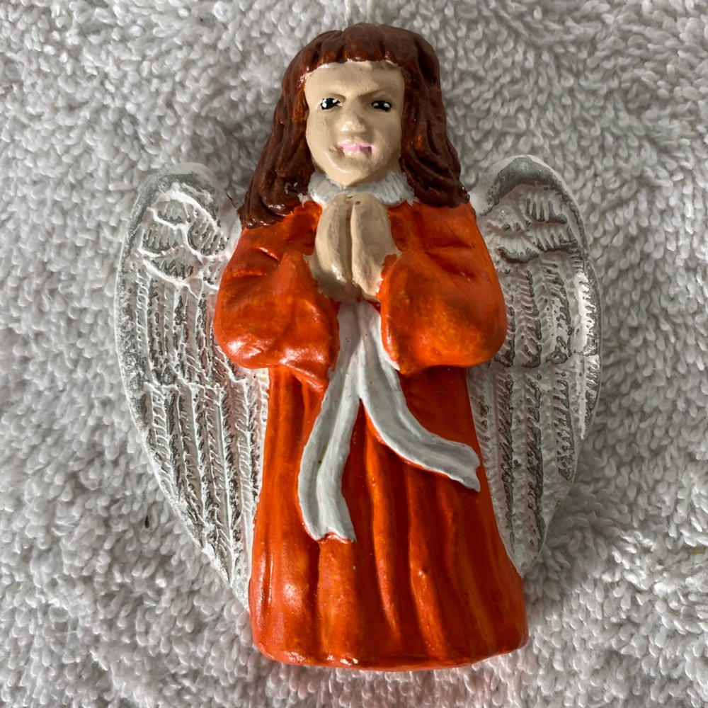 Vintage Hand Painted Orange Praying Angel Ceramic Christmas Tree Ornament